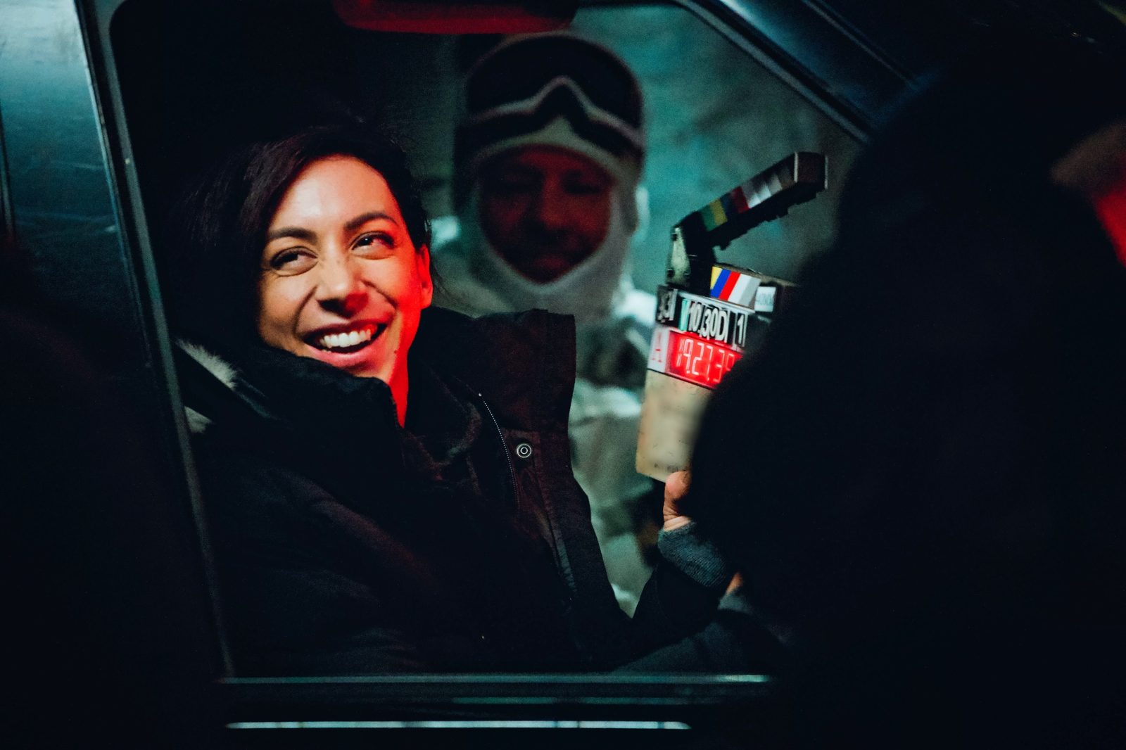 Julie smiling on a film set