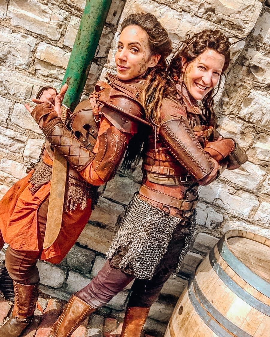 Julie in costume on set with Jason Momoa