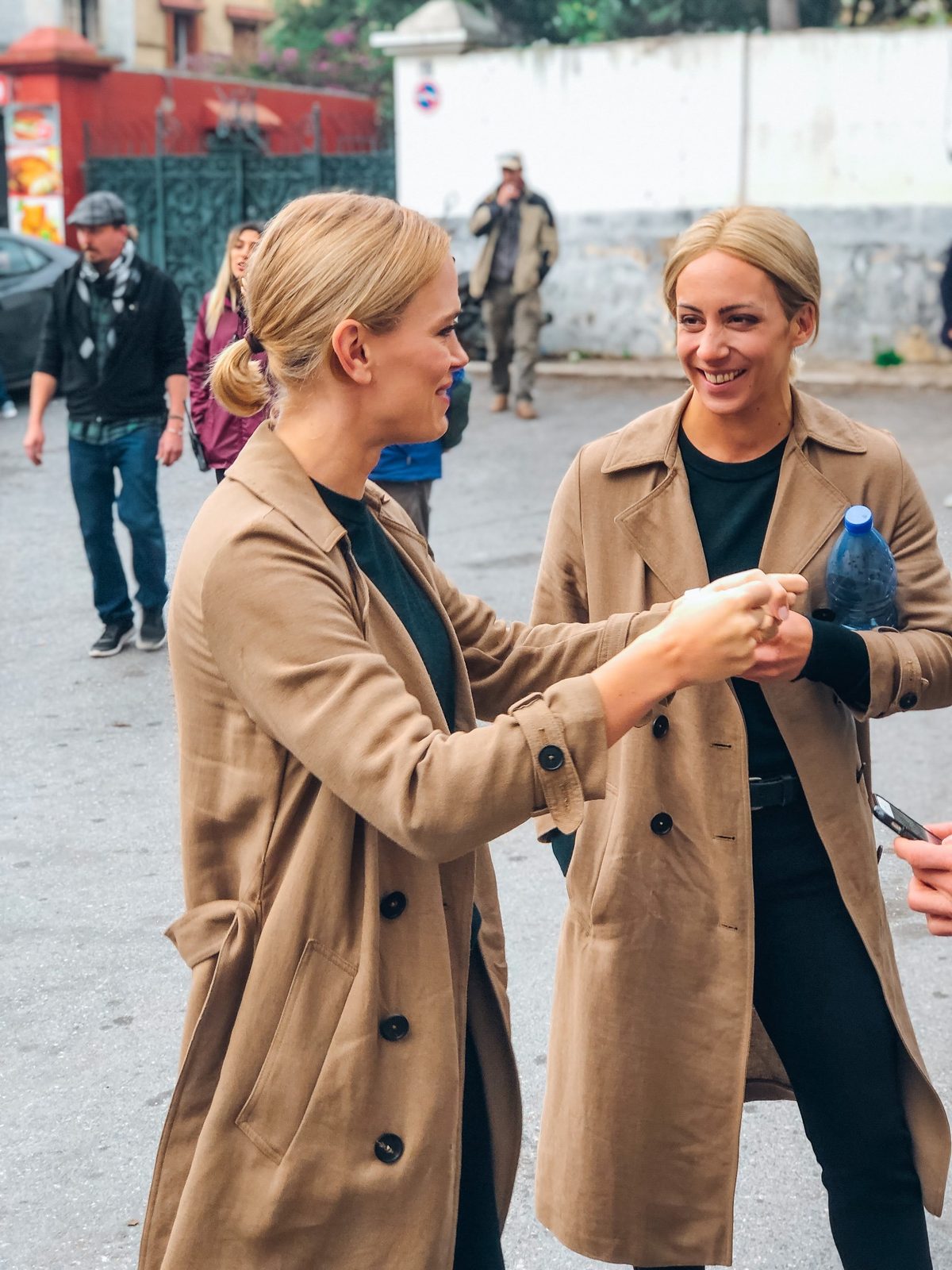 Julie with a performer on location